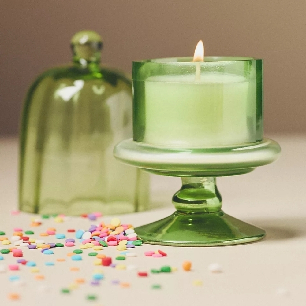 Anthropologie Mini Cake Stand Fruity Champagne Cheers Green Glass Candle, NIB
